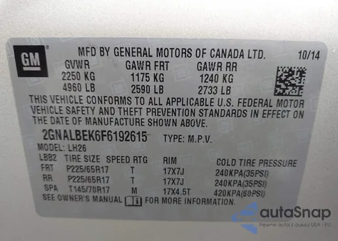 2015 Chevrolet Equinox 1Lt from USA, damaged, VIN 2GNALBEK6F6192615